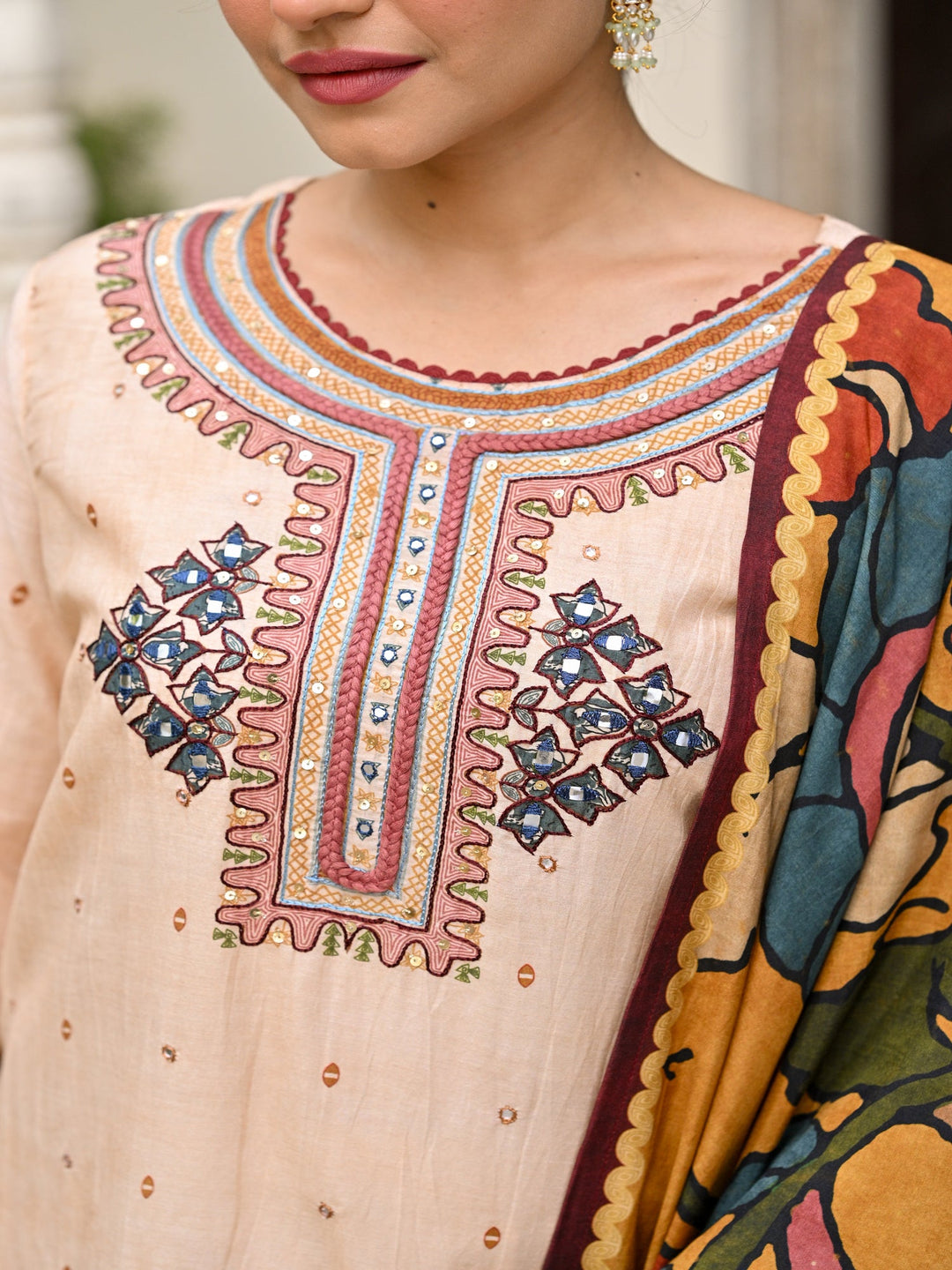 Beige Pure Mul Chanderi Suit With Thread Handwork and Kalamkari Dupatta - SET OF-3 | SHOBITAM