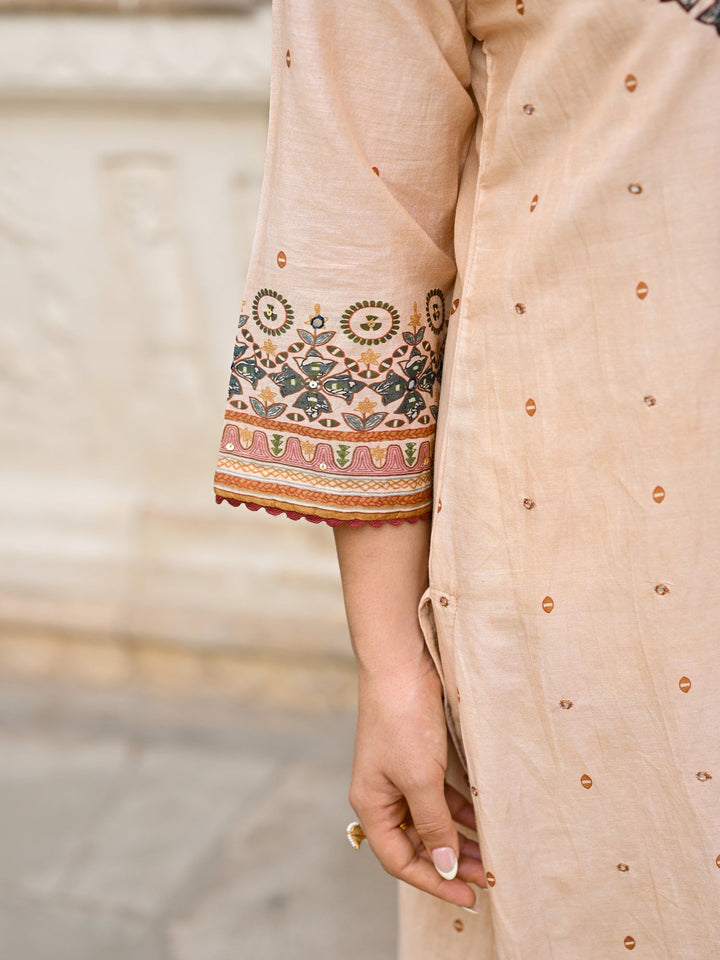 Beige Pure Mul Chanderi Suit With Thread Handwork and Kalamkari Dupatta - SET OF-3 | SHOBITAM