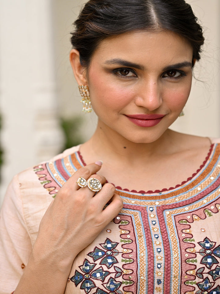 Beige Pure Mul Chanderi Suit With Thread Handwork and Kalamkari Dupatta - SET OF-3 | SHOBITAM