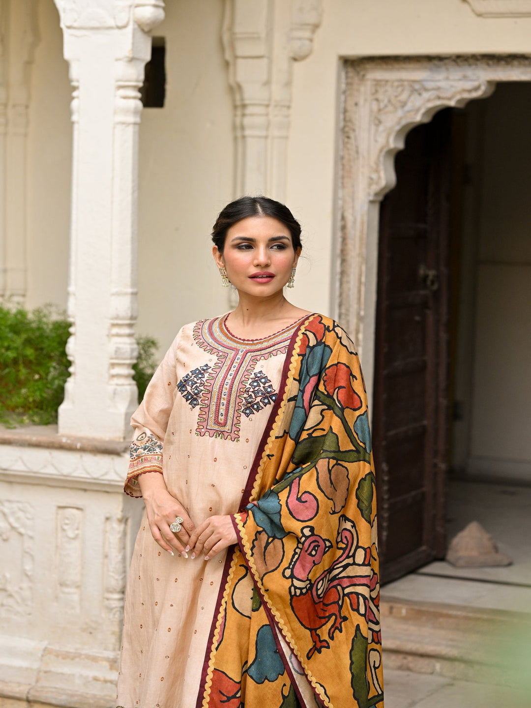Beige Pure Mul Chanderi Suit With Thread Handwork and Kalamkari Dupatta - SET OF-3 | SHOBITAM
