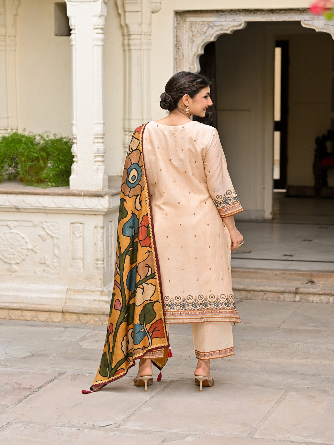 Beige Pure Mul Chanderi Suit With Thread Handwork and Kalamkari Dupatta - SET OF-3 | SHOBITAM