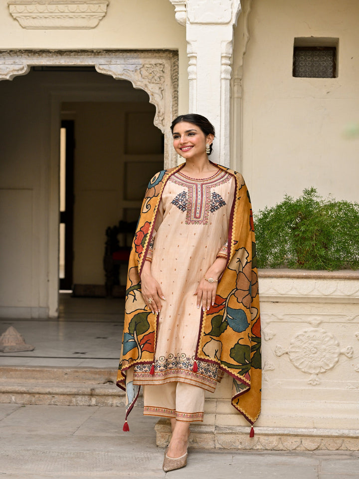 Beige Pure Mul Chanderi Suit With Thread Handwork and Kalamkari Dupatta - SET OF-3 | SHOBITAM