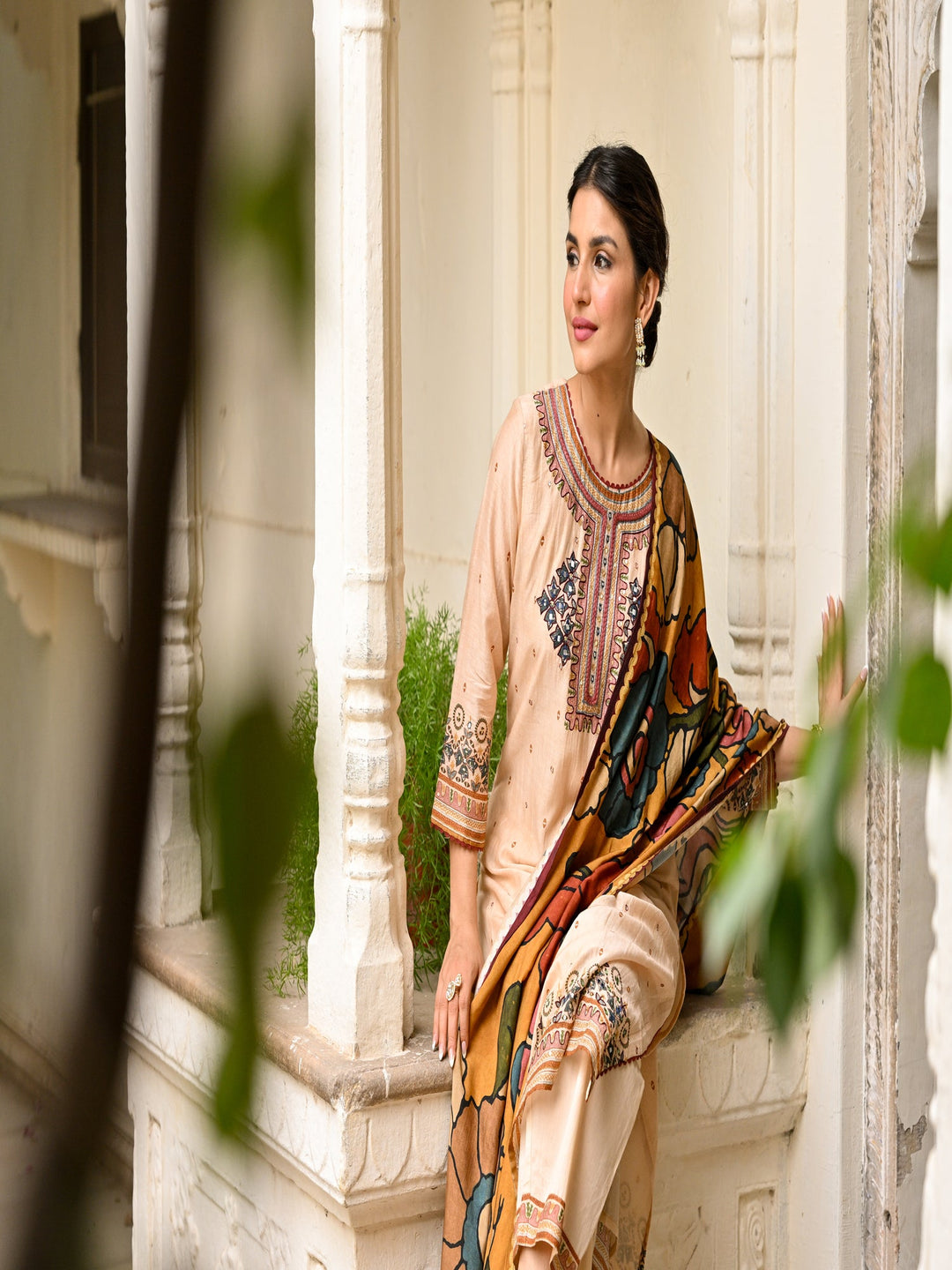 Beige Pure Mul Chanderi Suit With Thread Handwork and Kalamkari Dupatta - SET OF-3 | SHOBITAM