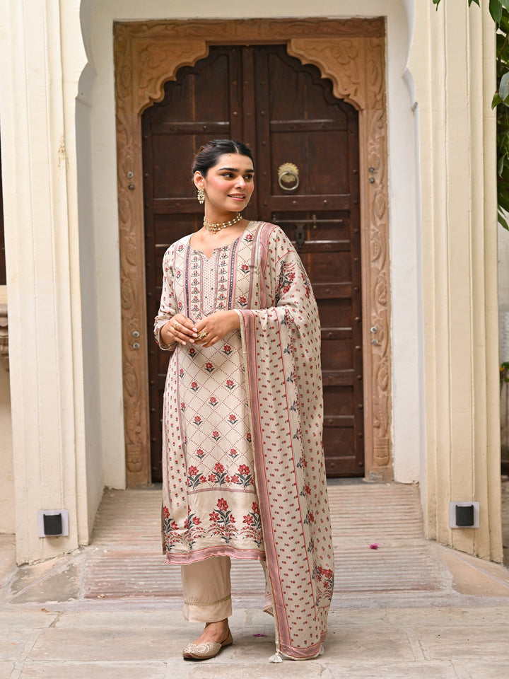 Beige and Maroon Small Buti with Panel Spread Gota Work Crepe Suit Set-SET OF 3 | SHOBITAM