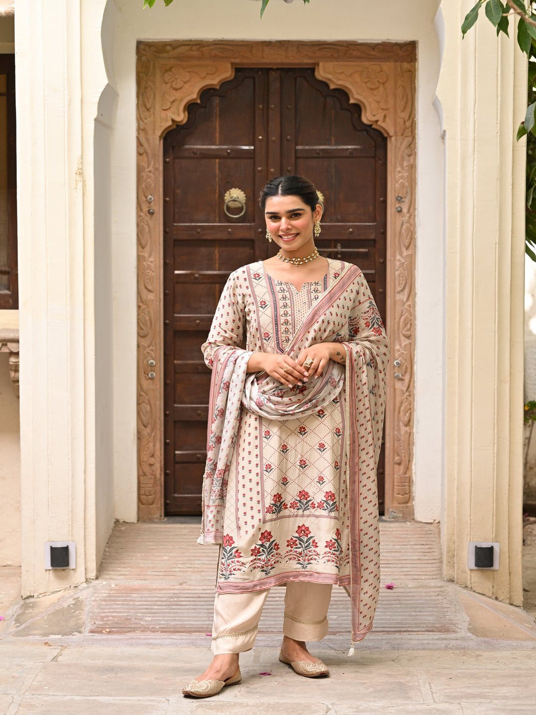 Beige and Maroon Small Buti with Panel Spread Gota Work Crepe Suit Set-SET OF 3 | SHOBITAM