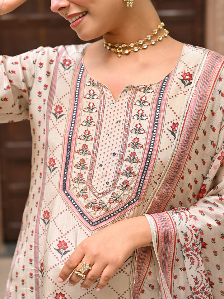 Beige and Maroon Small Buti with Panel Spread Gota Work Crepe Suit Set-SET OF 3 | SHOBITAM