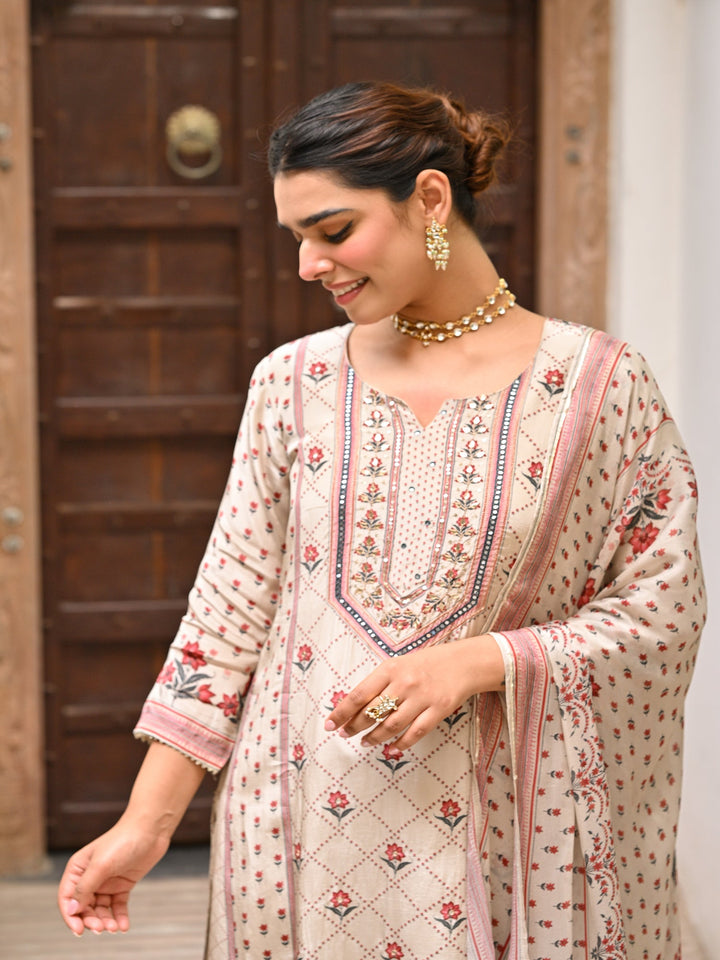 Beige and Maroon Small Buti with Panel Spread Gota Work Crepe Suit Set-SET OF 3 | SHOBITAM