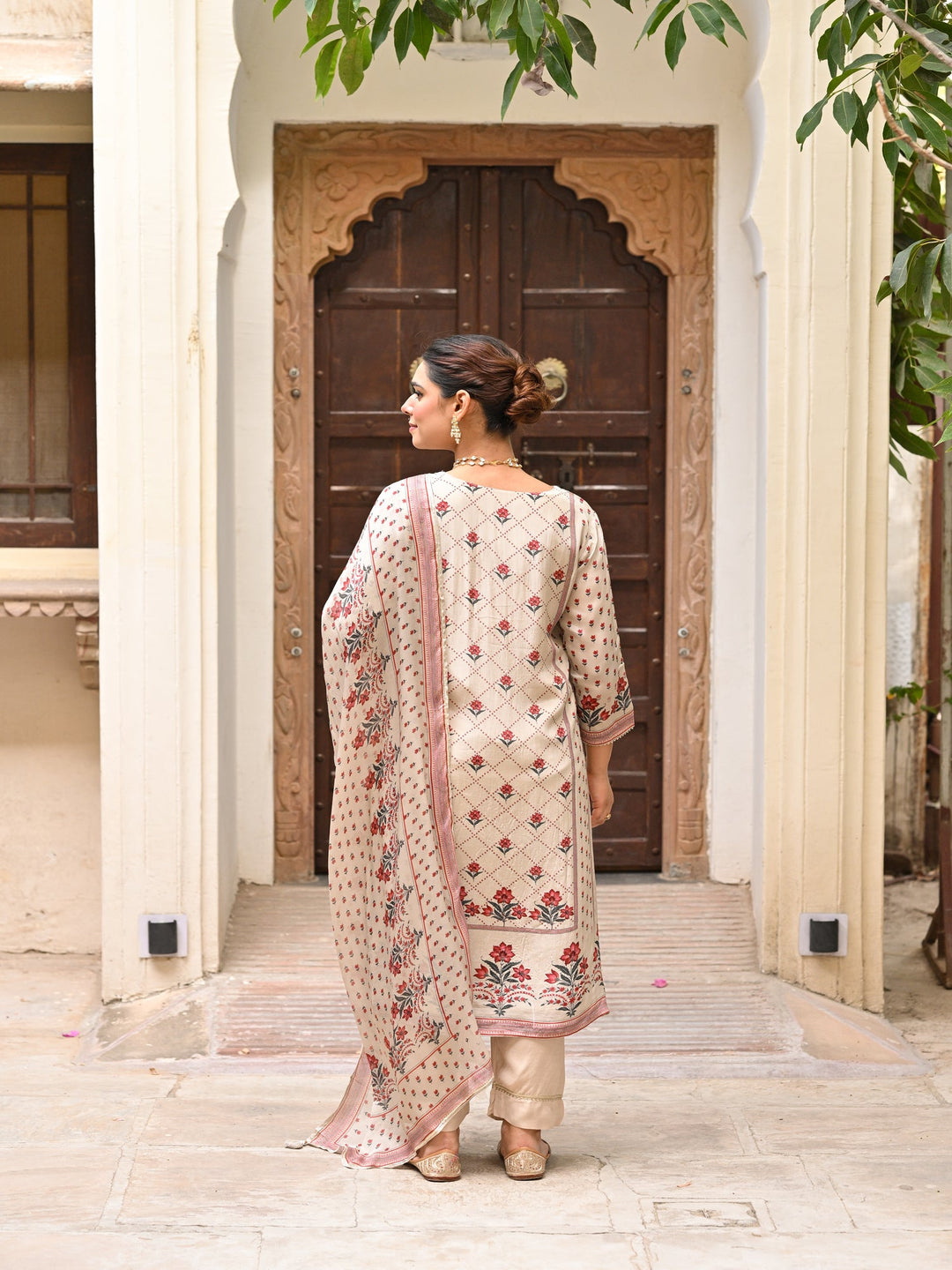 Beige and Maroon Small Buti with Panel Spread Gota Work Crepe Suit Set-SET OF 3 | SHOBITAM