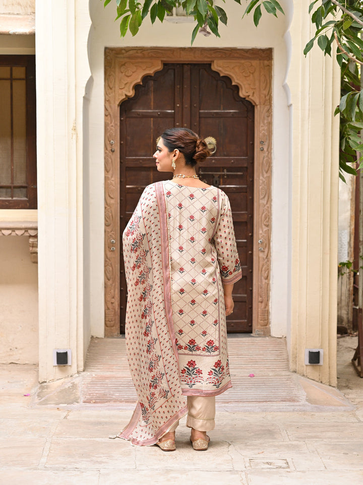Beige and Maroon Small Buti with Panel Spread Gota Work Crepe Suit Set-SET OF 3 | SHOBITAM