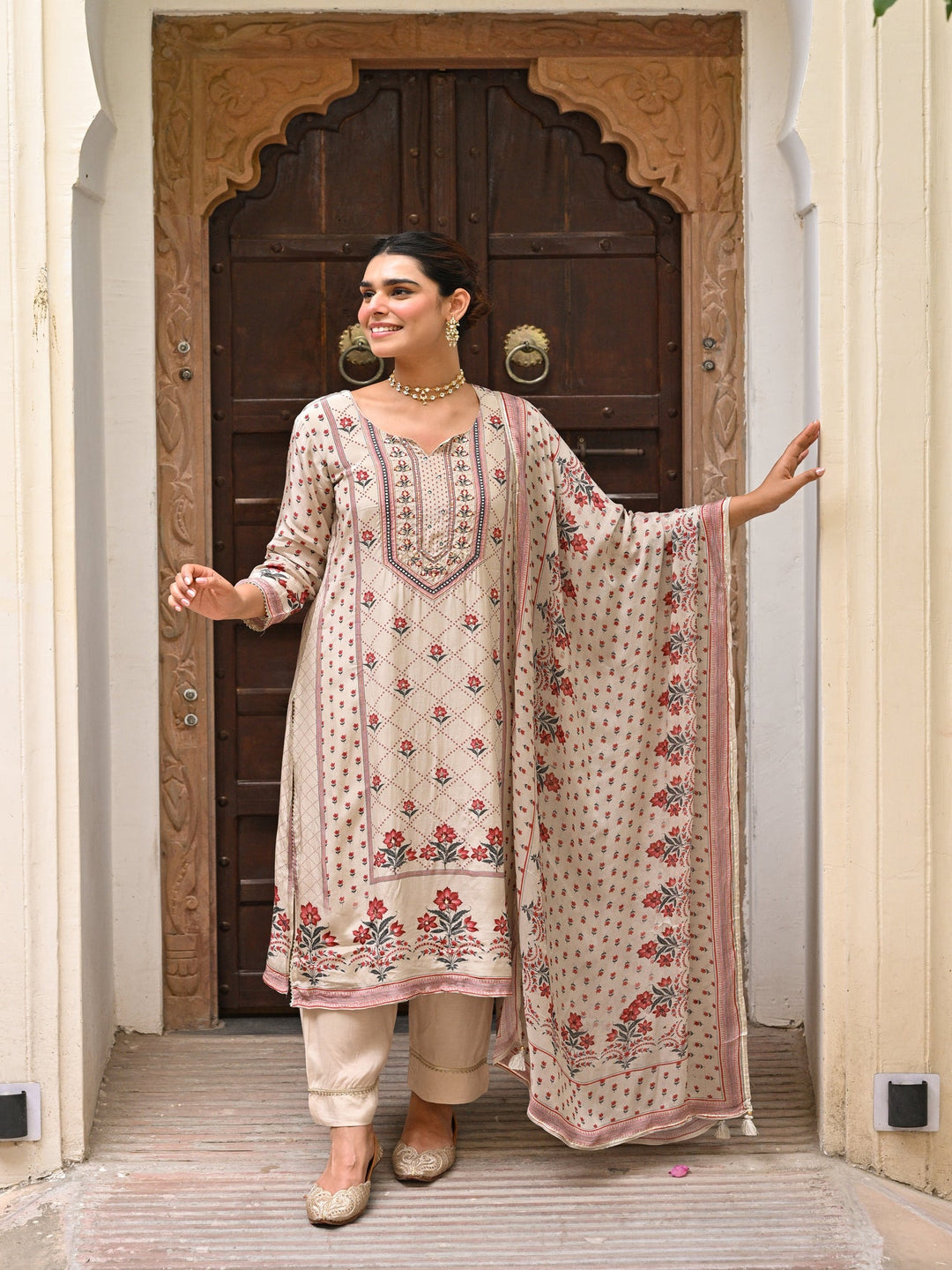 Beige and Maroon Small Buti with Panel Spread Gota Work Crepe Suit Set-SET OF 3 | SHOBITAM