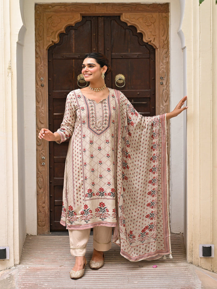 Beige and Maroon Small Buti with Panel Spread Gota Work Crepe Suit Set-SET OF 3 | SHOBITAM
