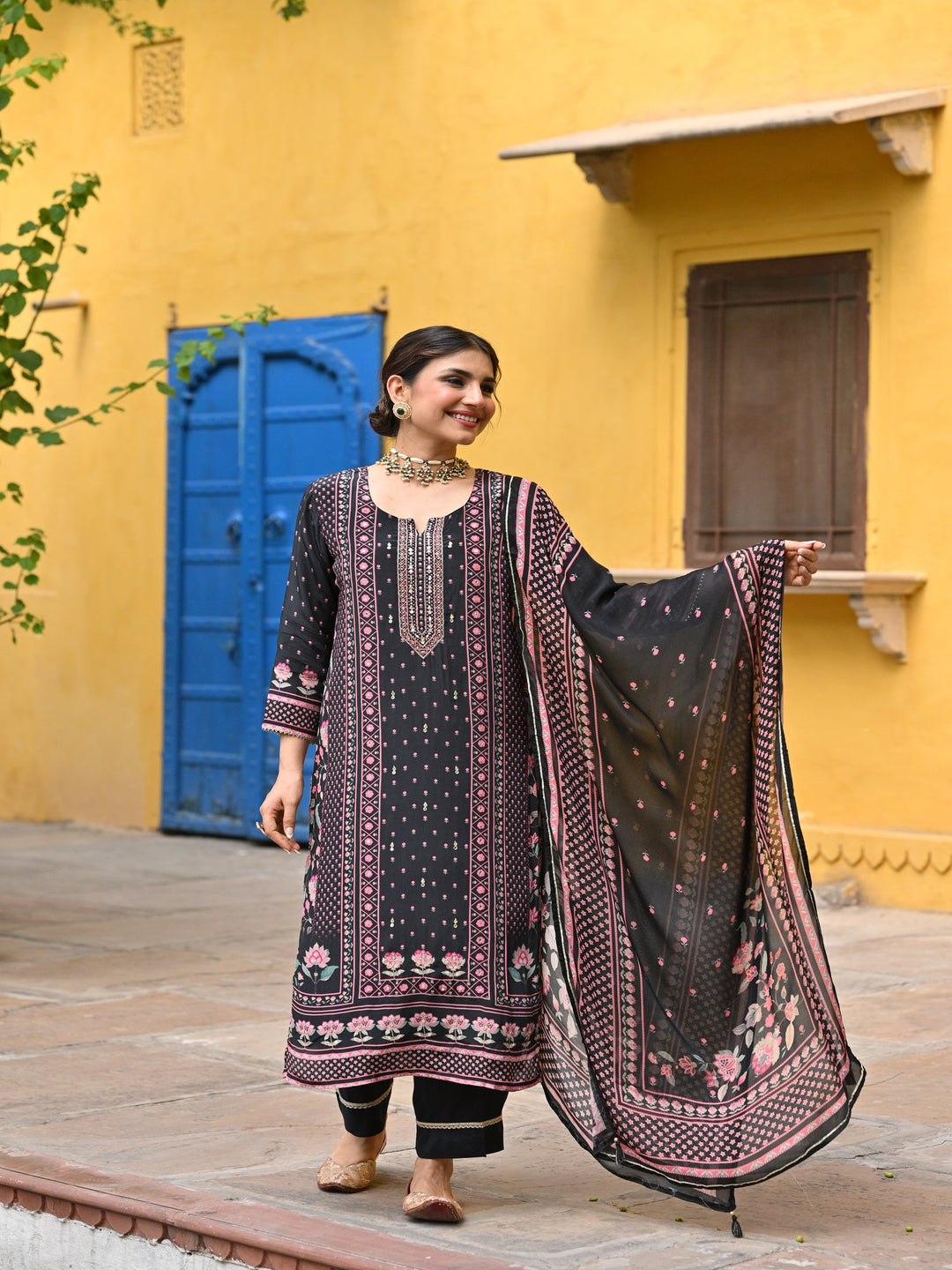 Black and Pink Small Buti with Panel Spread Gota Work Crepe Suit Set - SET OF-3 | SHOBITAM