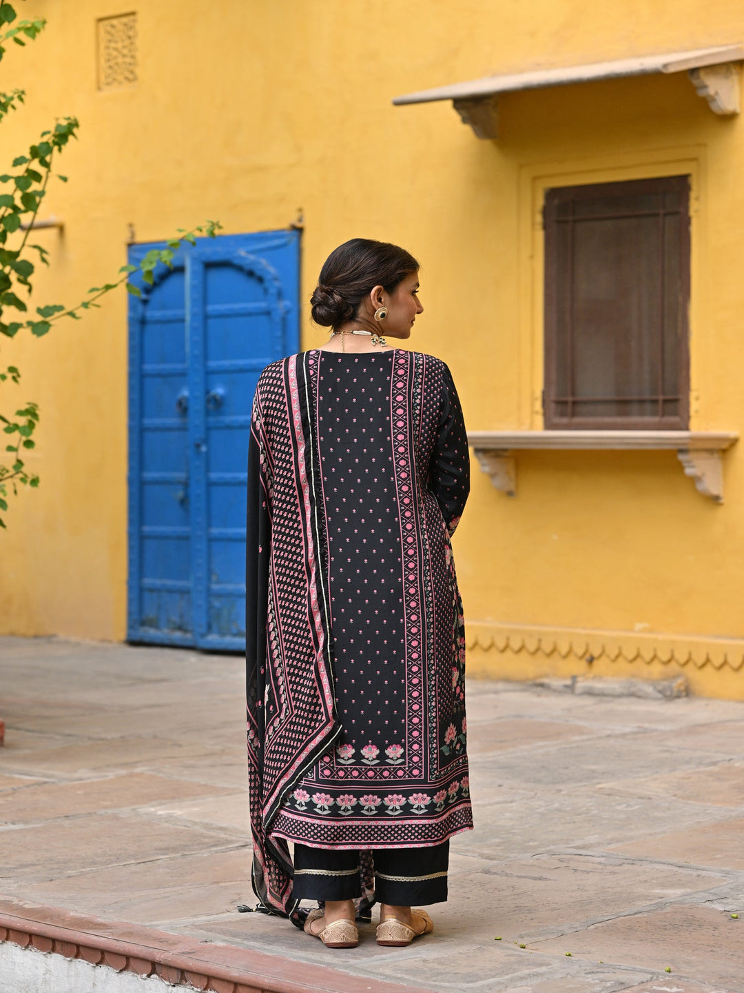 Black and Pink Small Buti with Panel Spread Gota Work Crepe Suit Set - SET OF-3 | SHOBITAM