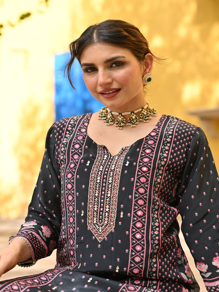 Black and Pink Small Buti with Panel Spread Gota Work Crepe Suit Set - SET OF-3 | SHOBITAM