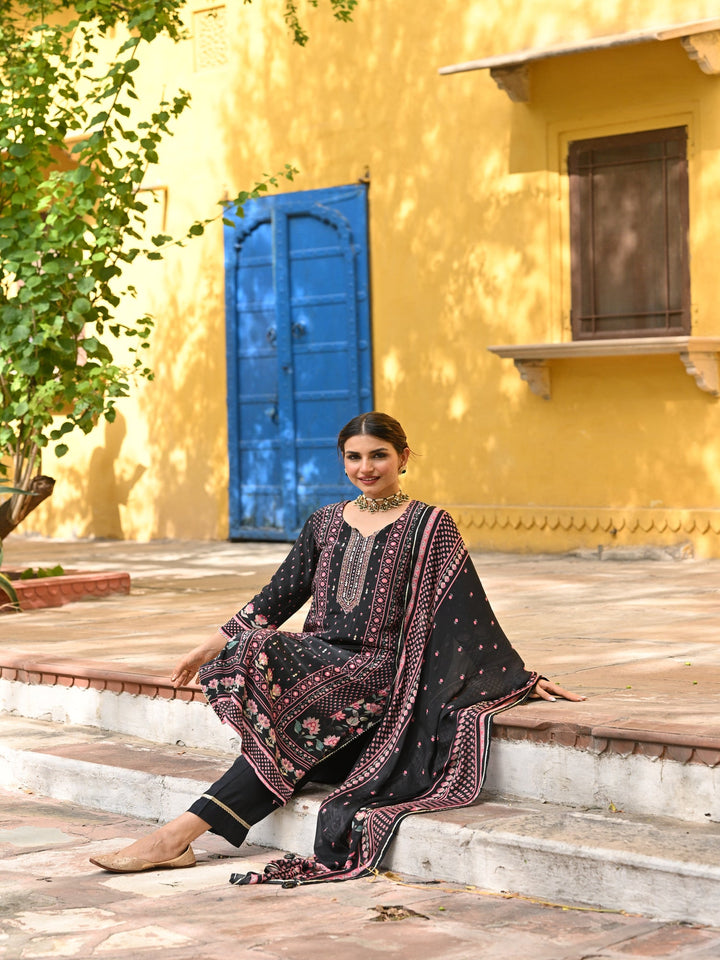 Black and Pink Small Buti with Panel Spread Gota Work Crepe Suit Set - SET OF-3 | SHOBITAM