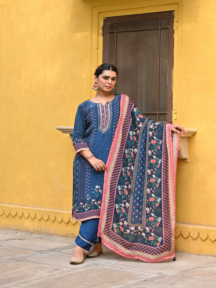 Blue and Pink Small Buti with Panel Spread Gota Work Crepe Suit Set | SHOBITAM