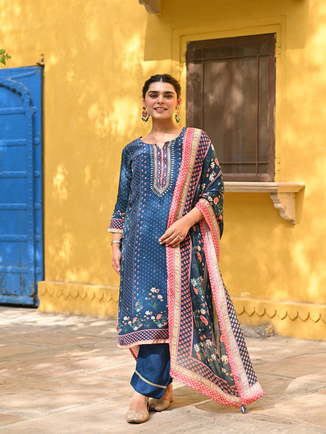 Blue and Pink Small Buti with Panel Spread Gota Work Crepe Suit Set | SHOBITAM