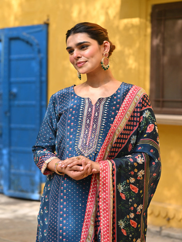 Blue and Pink Small Buti with Panel Spread Gota Work Crepe Suit Set | SHOBITAM