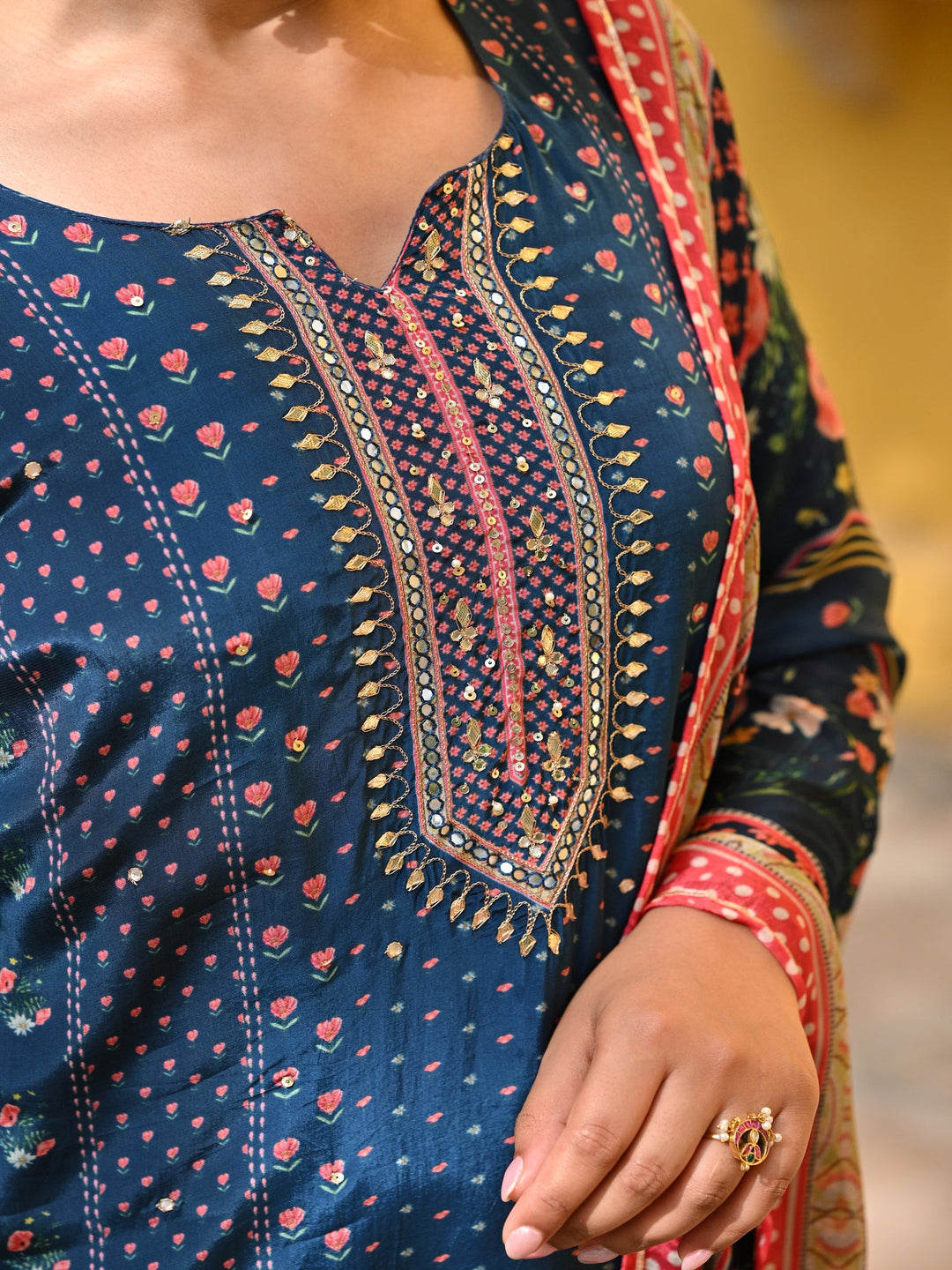 Blue and Pink Small Buti with Panel Spread Gota Work Crepe Suit Set | SHOBITAM