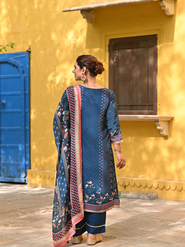 Blue and Pink Small Buti with Panel Spread Gota Work Crepe Suit Set | SHOBITAM