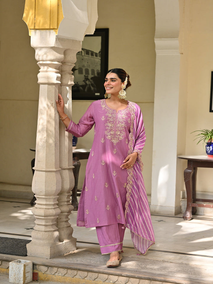 Purple Marodi Work with Lehariya Scallope Dupatta Mul Chanderi Suit Set- set of 3 | SHOBITAM