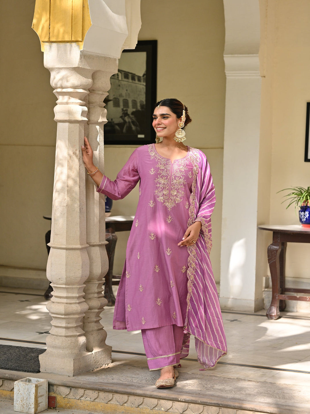 Purple Marodi Work with Lehariya Scallope Dupatta Mul Chanderi Suit Set- set of 3 | SHOBITAM