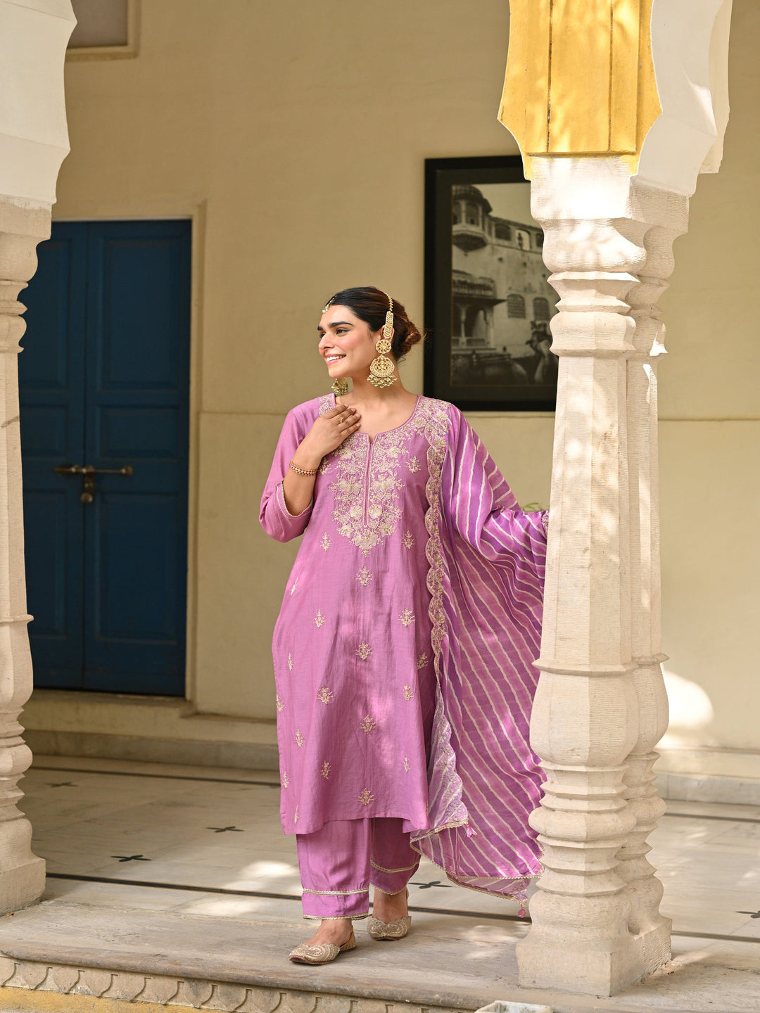 Purple Marodi Work with Lehariya Scallope Dupatta Mul Chanderi Suit Set- set of 3 | SHOBITAM