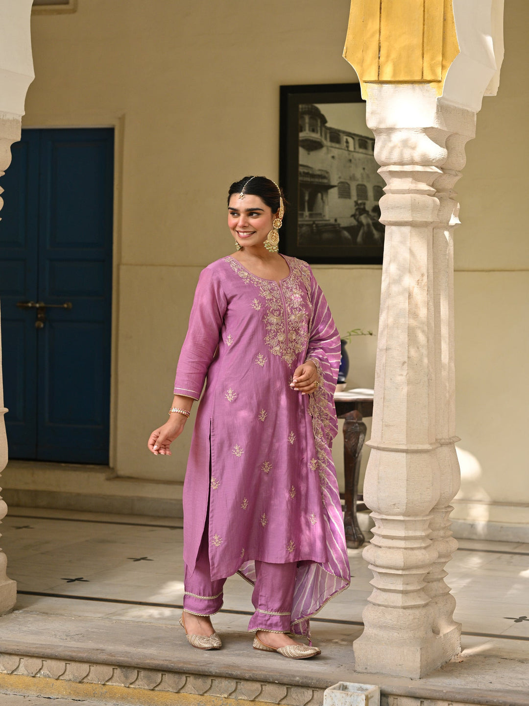 Purple Marodi Work with Lehariya Scallope Dupatta Mul Chanderi Suit Set- set of 3 | SHOBITAM