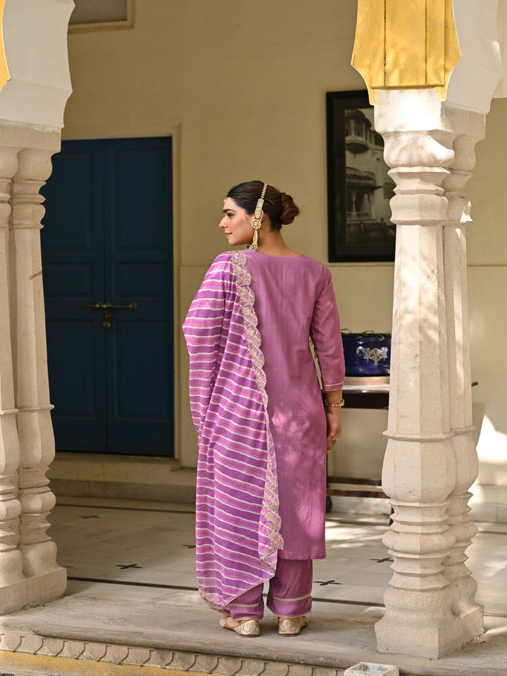 Purple Marodi Work with Lehariya Scallope Dupatta Mul Chanderi Suit Set- set of 3 | SHOBITAM