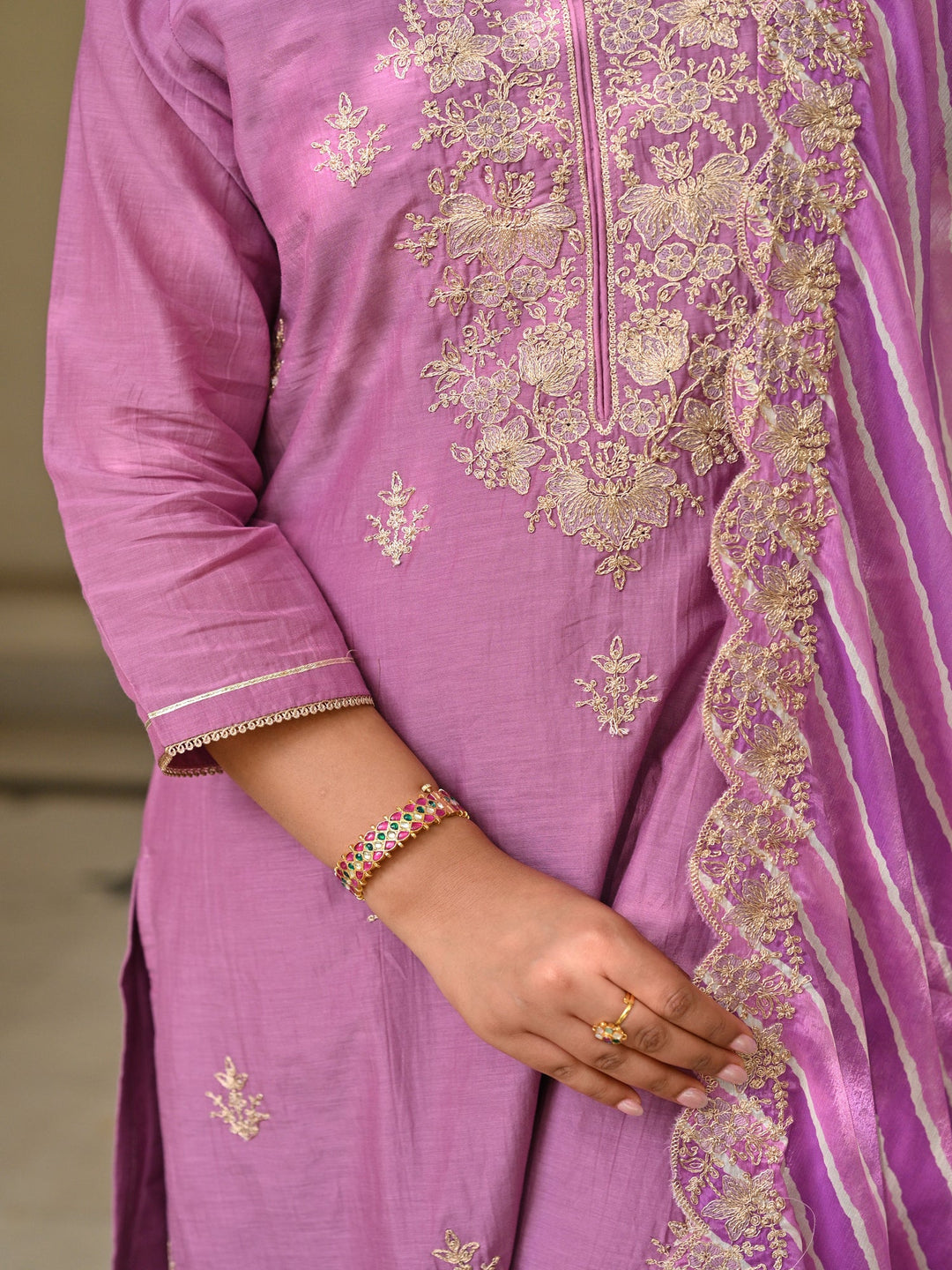 Purple Marodi Work with Lehariya Scallope Dupatta Mul Chanderi Suit Set- set of 3 | SHOBITAM