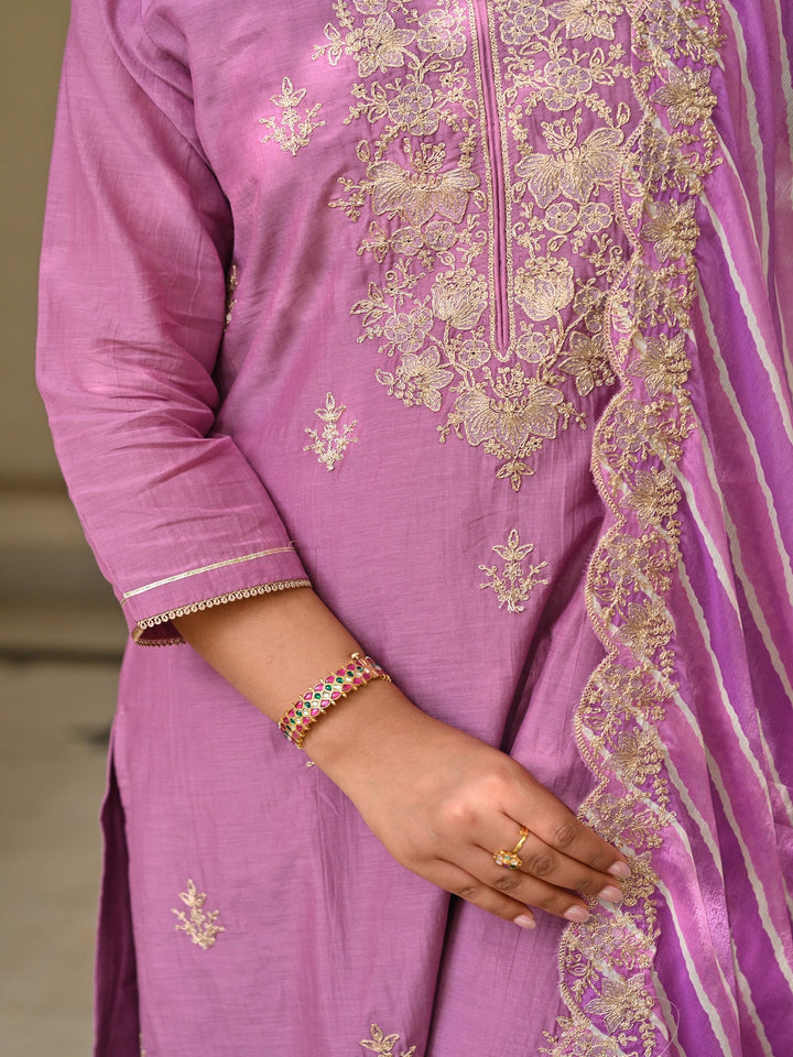 Purple Marodi Work with Lehariya Scallope Dupatta Mul Chanderi Suit Set- set of 3 | SHOBITAM