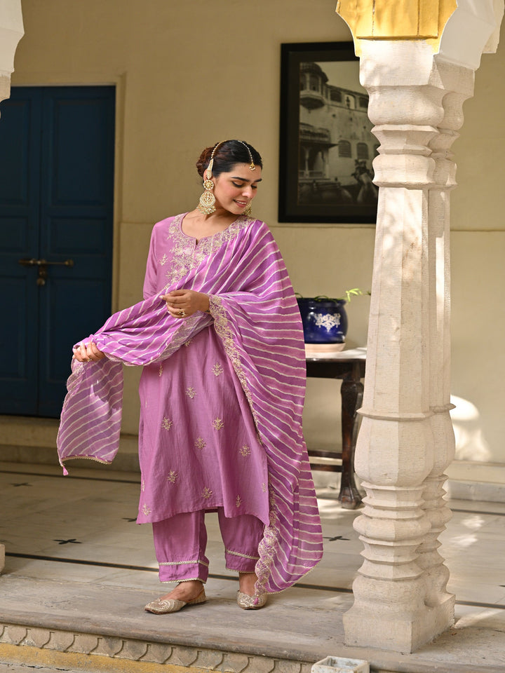 Purple Marodi Work with Lehariya Scallope Dupatta Mul Chanderi Suit Set- set of 3 | SHOBITAM