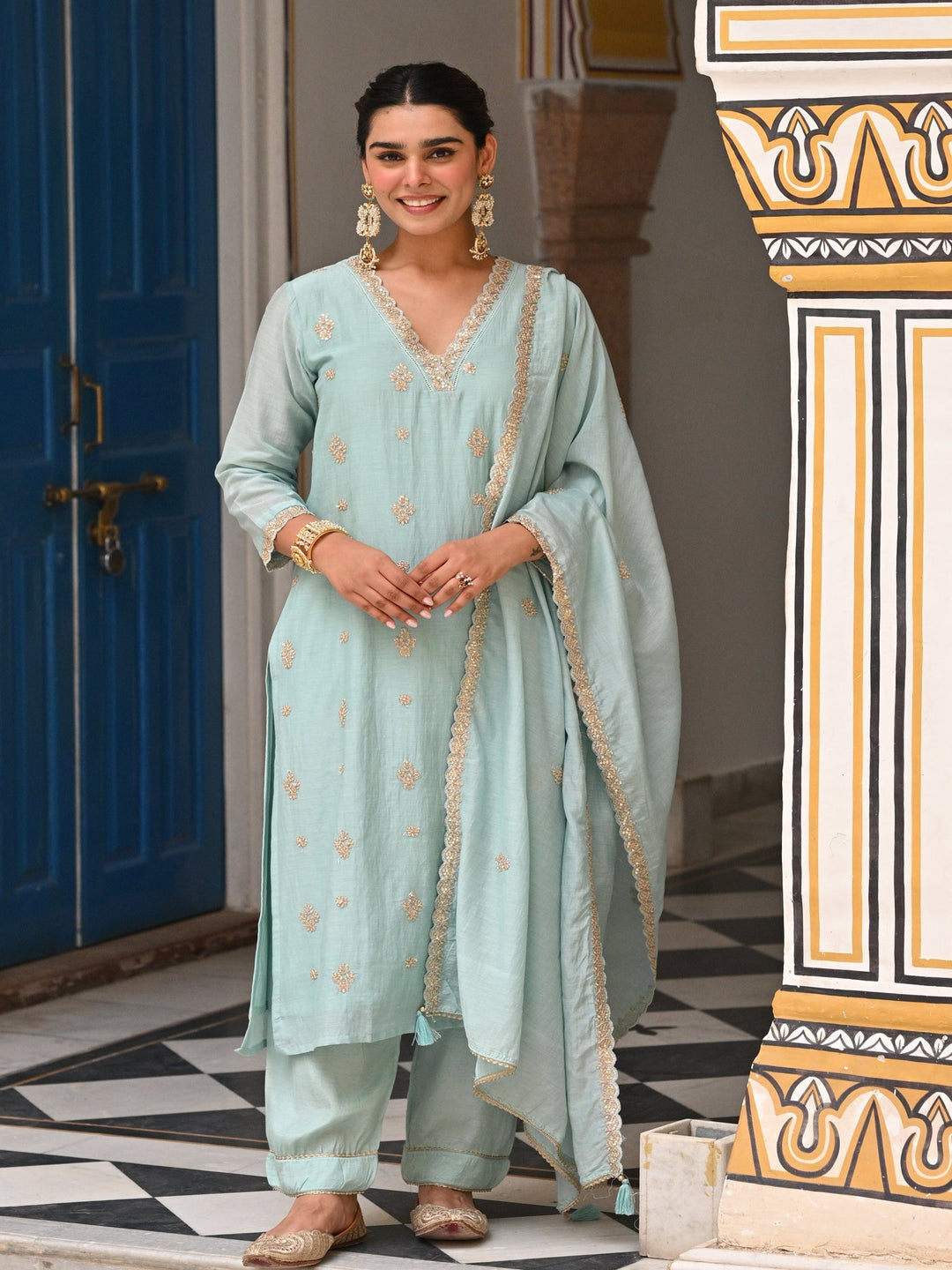 Powder Blue Pure Mul Chanderi Suit Set with Scallope Dupatta- SET OF-3 | SHOBITAM