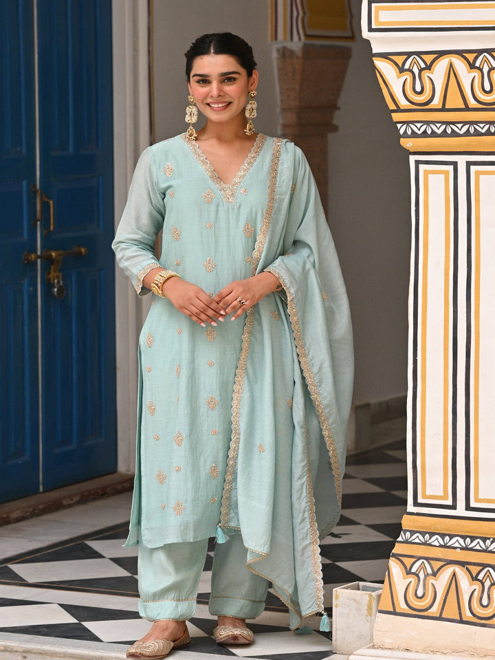 Powder Blue Pure Mul Chanderi Suit Set with Scallope Dupatta- SET OF-3 | SHOBITAM