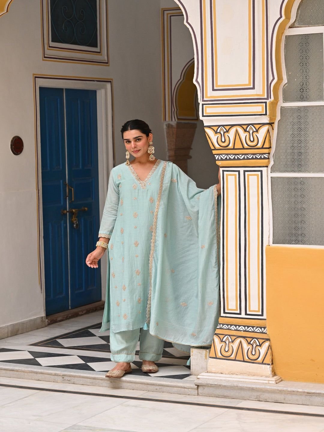 Powder Blue Pure Mul Chanderi Suit Set with Scallope Dupatta- SET OF-3 | SHOBITAM