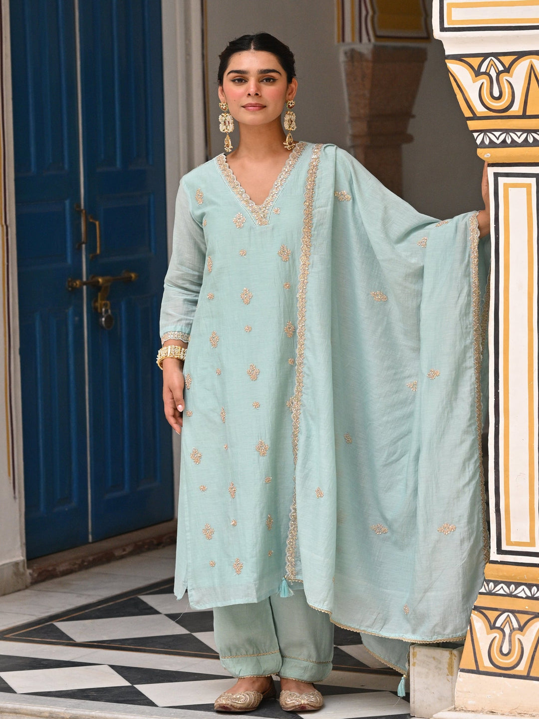 Powder Blue Pure Mul Chanderi Suit Set with Scallope Dupatta- SET OF-3 | SHOBITAM