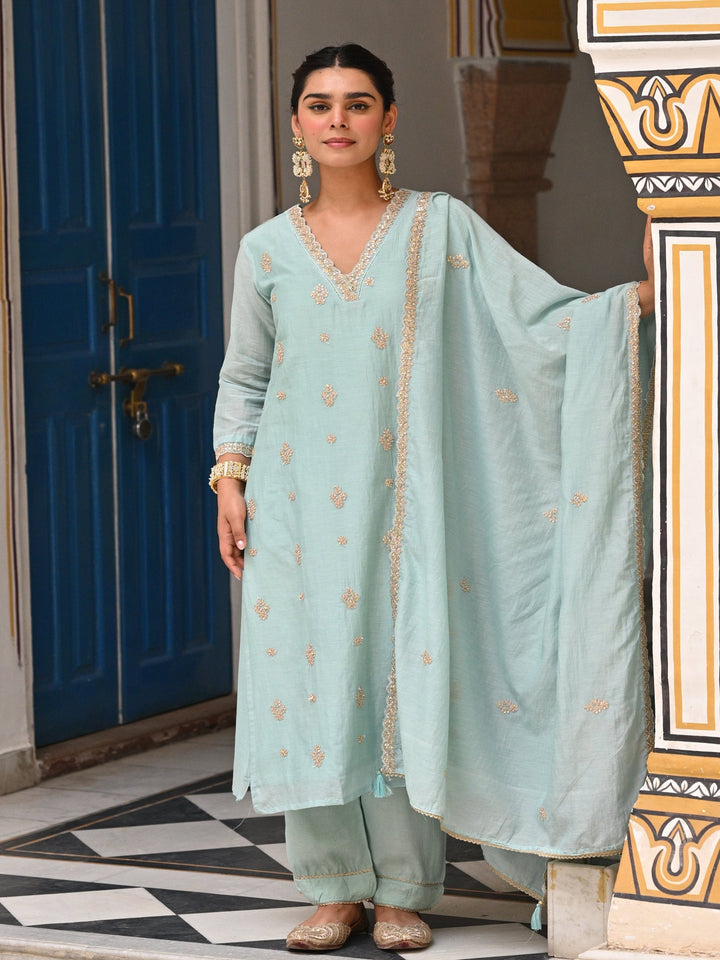 Powder Blue Pure Mul Chanderi Suit Set with Scallope Dupatta- SET OF-3 | SHOBITAM