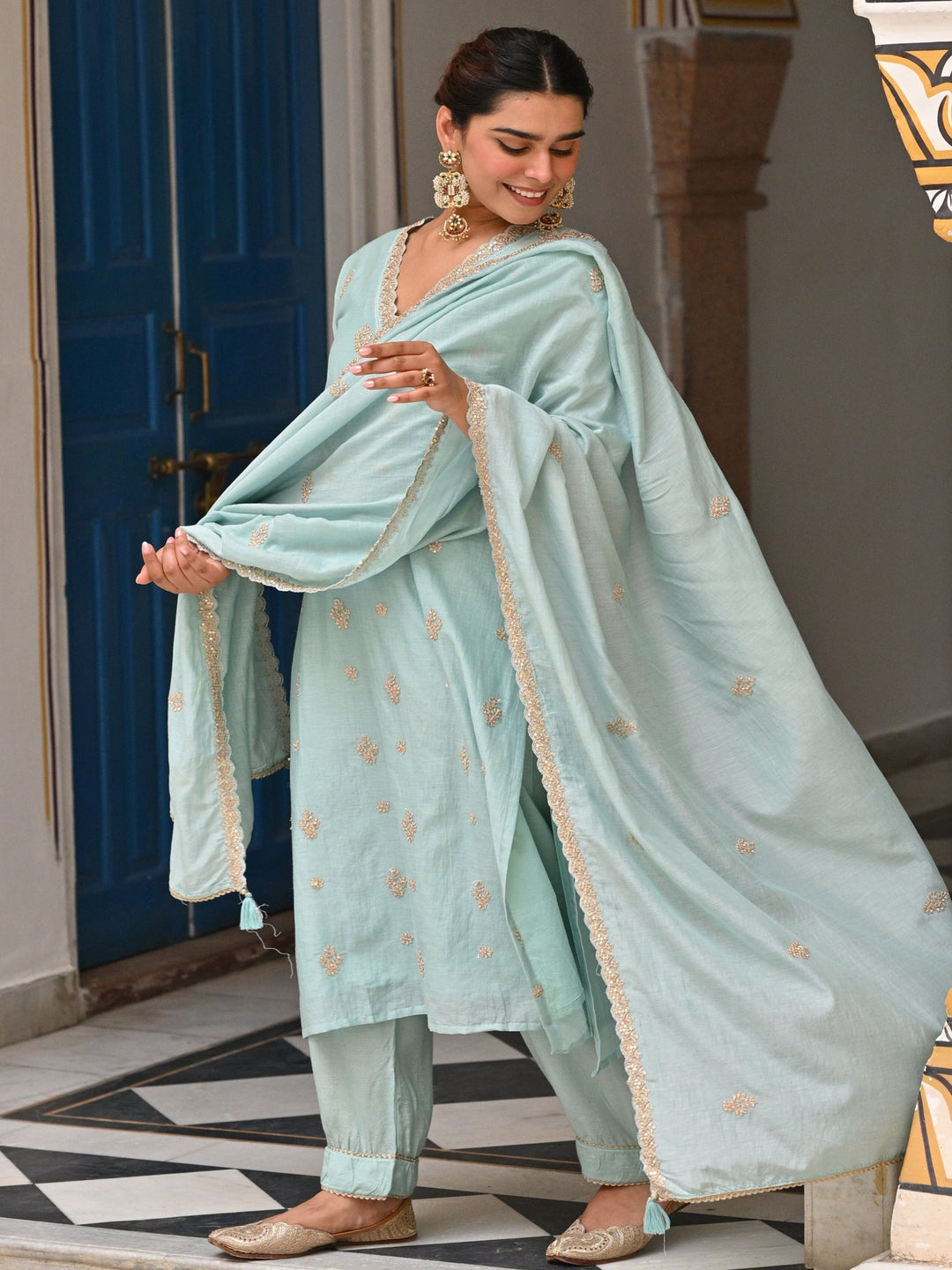 Powder Blue Pure Mul Chanderi Suit Set with Scallope Dupatta- SET OF-3 | SHOBITAM