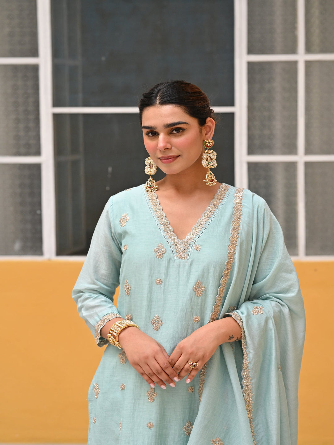 Powder Blue Pure Mul Chanderi Suit Set with Scallope Dupatta- SET OF-3 | SHOBITAM