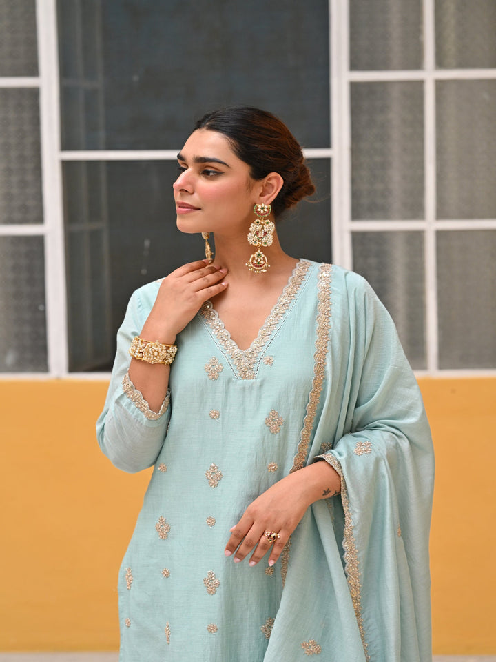 Powder Blue Pure Mul Chanderi Suit Set with Scallope Dupatta- SET OF-3 | SHOBITAM