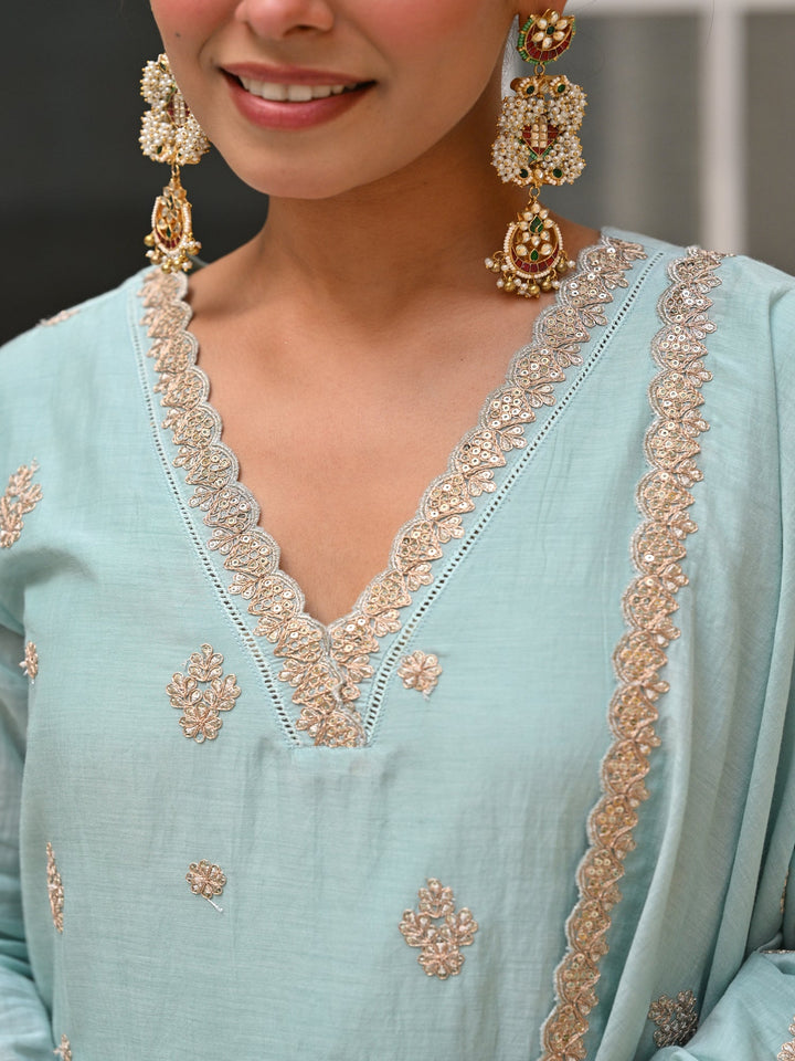 Powder Blue Pure Mul Chanderi Suit Set with Scallope Dupatta- SET OF-3 | SHOBITAM