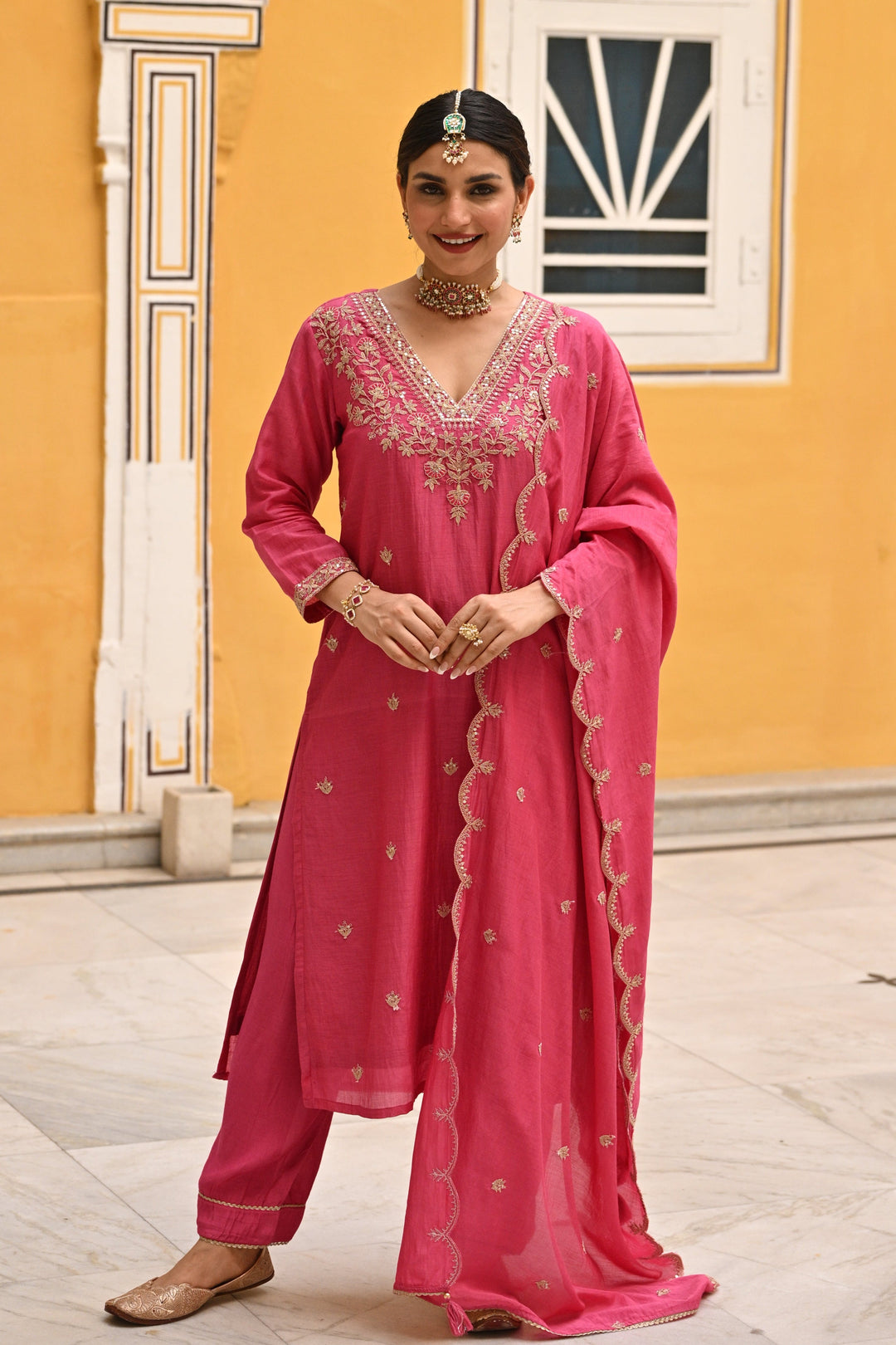 Pink Pure Mul Chanderi Suit Set with Scallope Dupatta - SET OF-3 | SHOBITAM