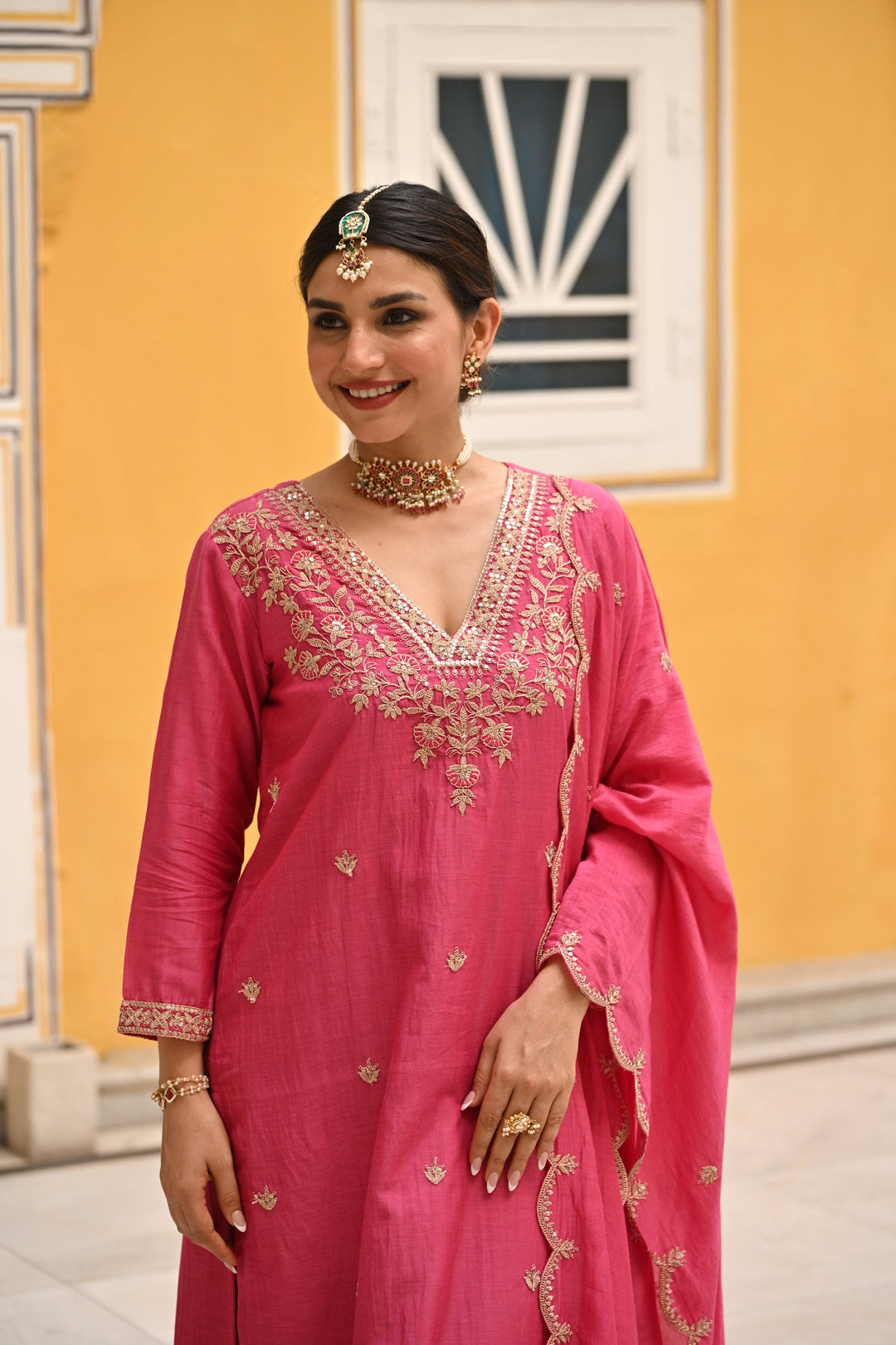 Pink Pure Mul Chanderi Suit Set with Scallope Dupatta - SET OF-3 | SHOBITAM