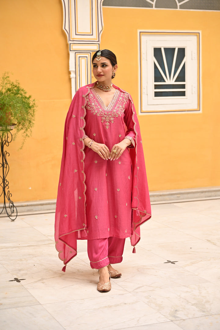 Pink Pure Mul Chanderi Suit Set with Scallope Dupatta - SET OF-3 | SHOBITAM