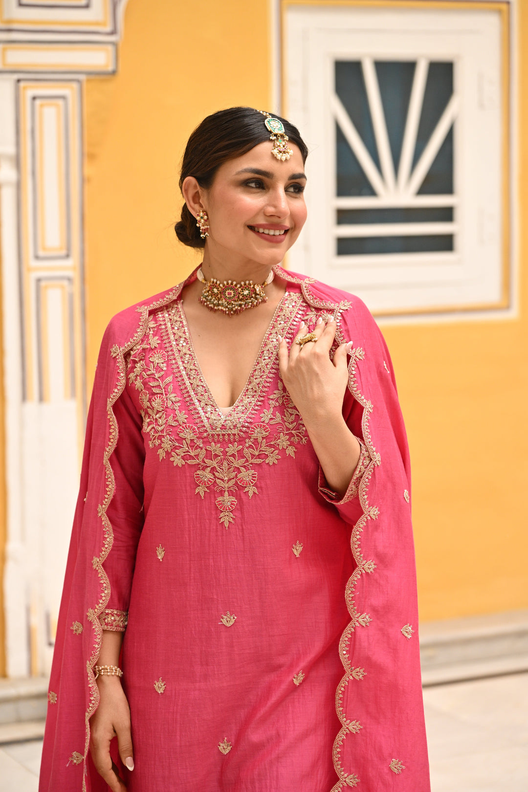 Pink Pure Mul Chanderi Suit Set with Scallope Dupatta - SET OF-3 | SHOBITAM