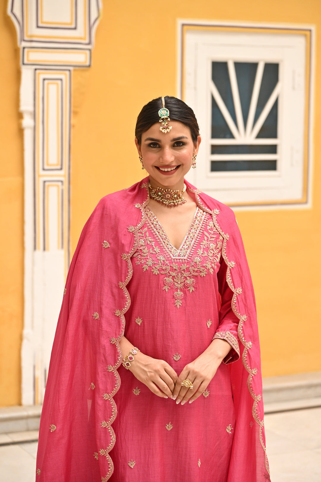 Pink Pure Mul Chanderi Suit Set with Scallope Dupatta - SET OF-3 | SHOBITAM