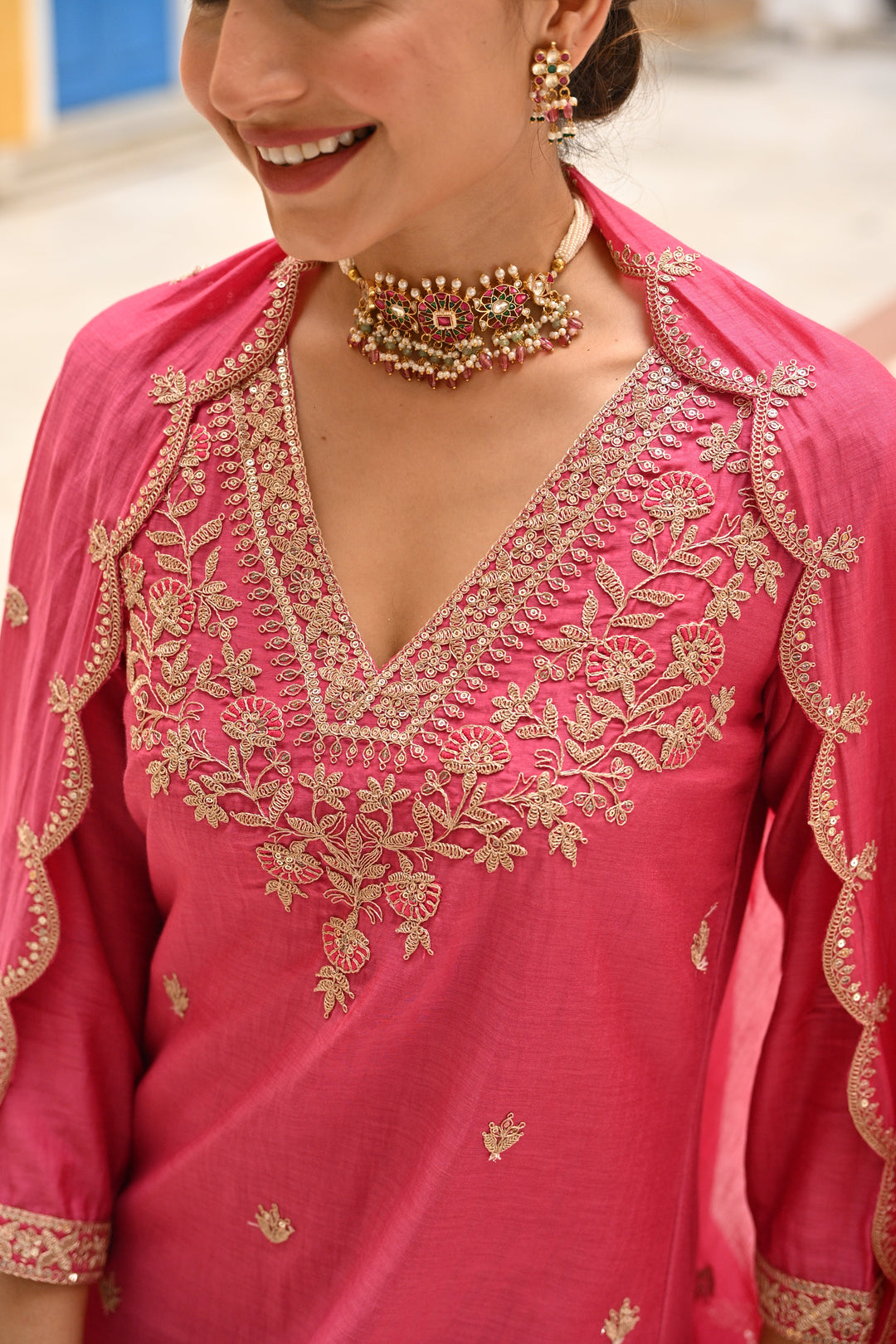 Pink Pure Mul Chanderi Suit Set with Scallope Dupatta - SET OF-3 | SHOBITAM