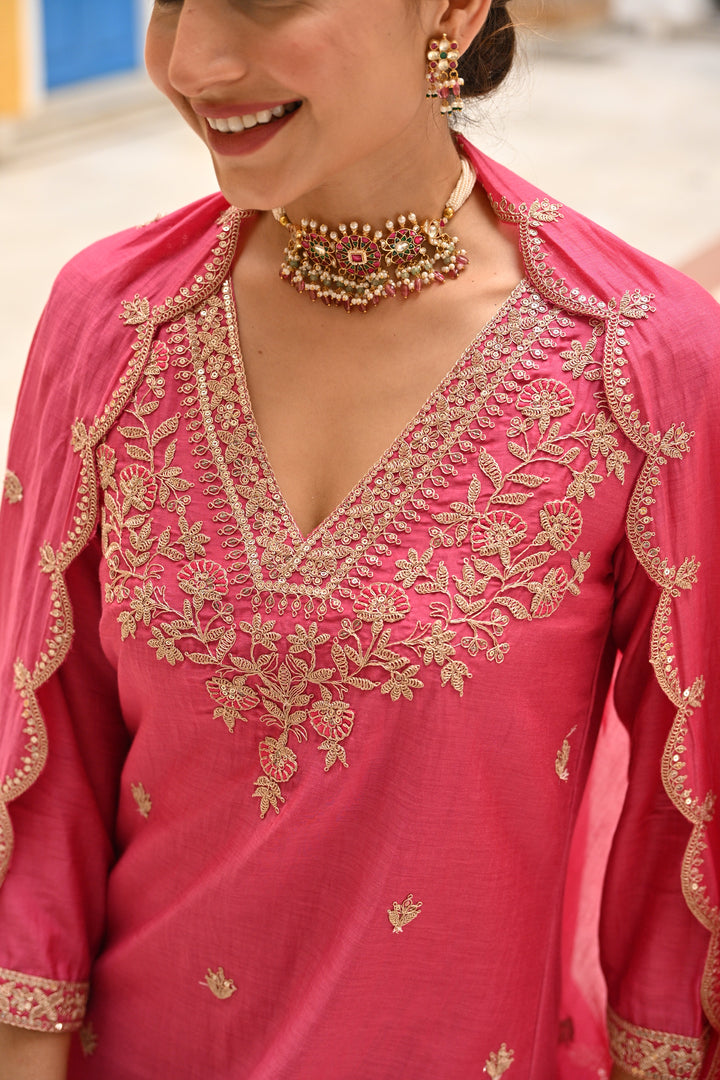 Pink Pure Mul Chanderi Suit Set with Scallope Dupatta - SET OF-3 | SHOBITAM