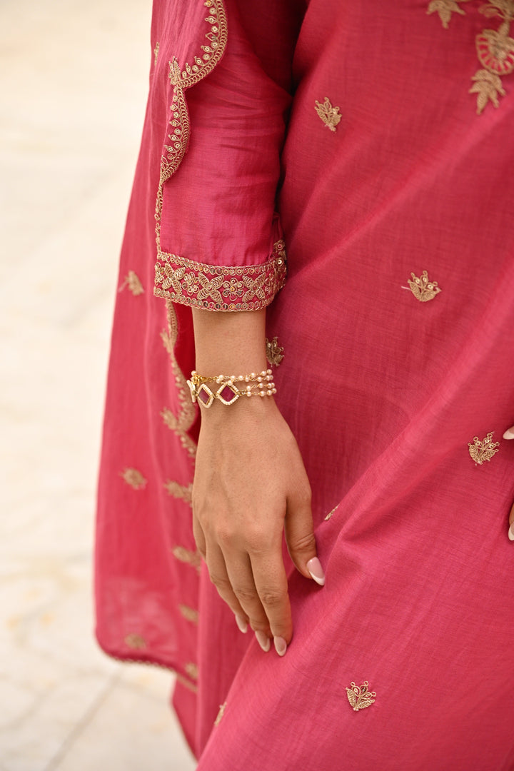 Pink Pure Mul Chanderi Suit Set with Scallope Dupatta - SET OF-3 | SHOBITAM