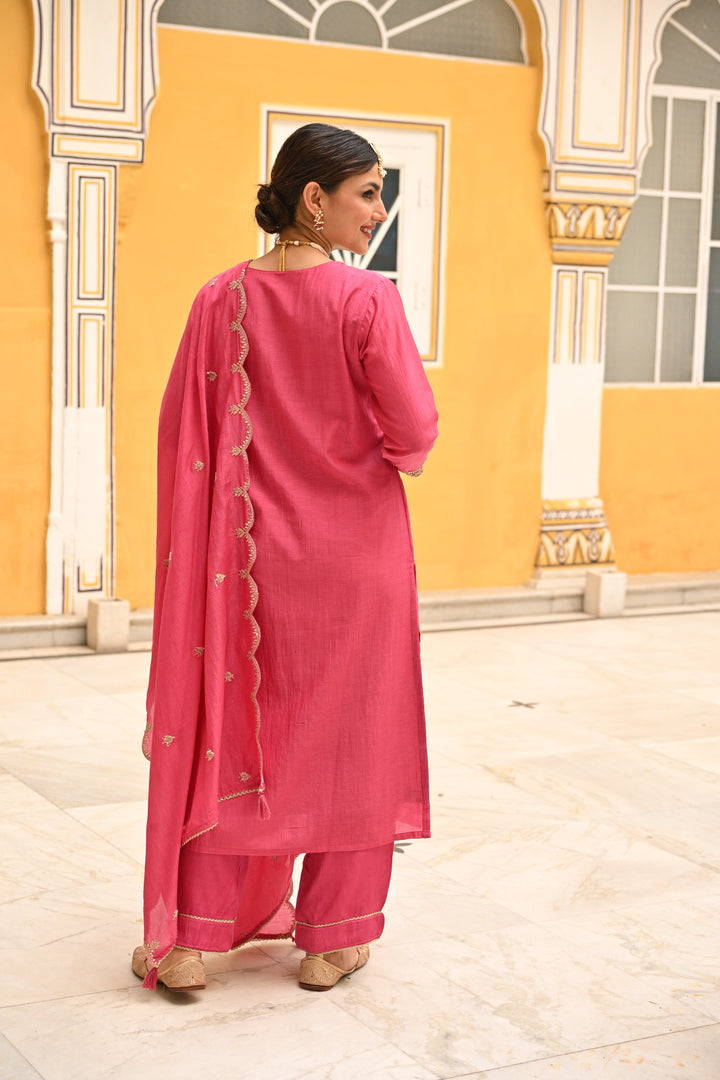 Pink Pure Mul Chanderi Suit Set with Scallope Dupatta - SET OF-3 | SHOBITAM
